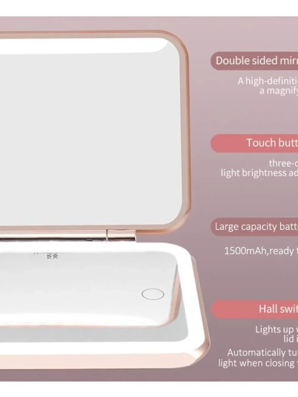Jenni V Rose Gold LED Lighted Compact Mirror 5X Magnifying Power Bank